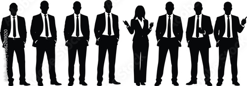 Silhouette group of business professionals standing in formal suits, leadership and teamwork concept illustration for corporate, office and career design