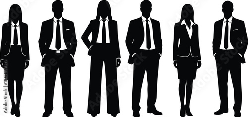 Silhouette group of corporate men and women standing in formal business suits, professional team illustration for leadership and workplace concepts