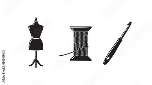 Tailors dummy with sewing thread and needle in minimalist black silhouette on white background for fashion design