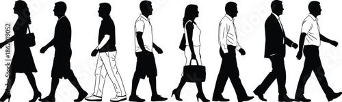 Silhouette group of diverse people walking forward in city street, business and casual crowd illustration for lifestyle, teamwork and society
