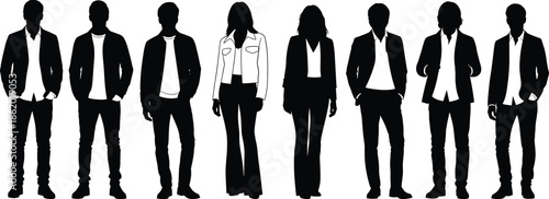 Silhouette group of diverse business men and women standing in smart casual fashion teamwork concept corporate people illustration on white background