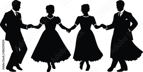 Silhouette of Four People Performing Traditional Dance – Cultural Celebration, Folk Attire, and Social Movement in Black Vector Illustration  Vector Illustration     