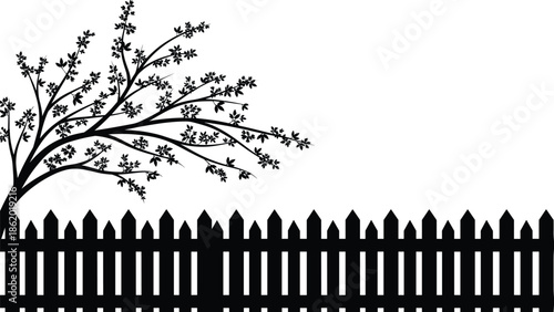 Silhouette of flowering tree leaning over wooden garden fence, spring nature scene, backyard landscape design and outdoor decoration concept