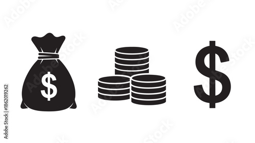Money bag, coins, and dollar sign in simple flat design with black color on white background for finance icon set
