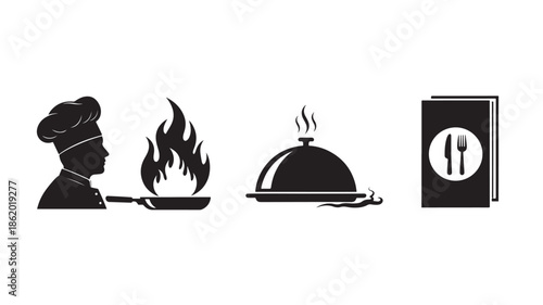 Chef Cooking Icons in Simple Monochrome Style with High Contrast Lighting on White Background for Restaurant Menu