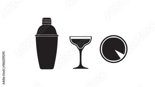 Cocktail Shaker and Martini Glass with Pie Chart in Minimalist Monochrome Style for Advertising