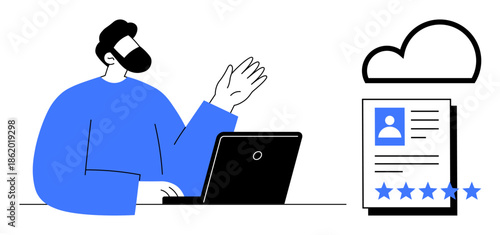 Man working on laptop gesturing toward digital file with profile photo, cloud storage icon, and rating stars. Ideal for remote work, online profiles, data management, cloud computing concepts