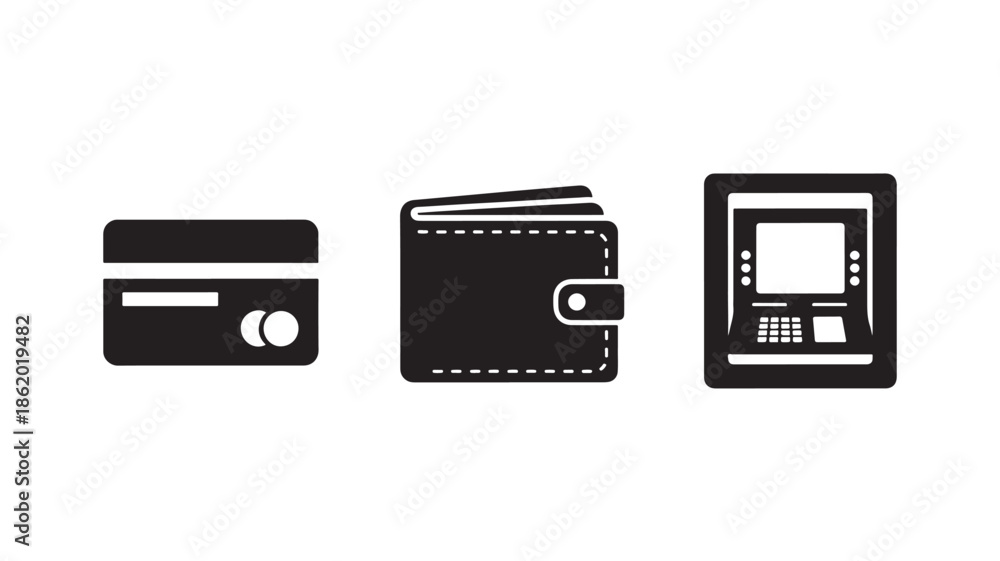 Obraz premium Black credit card, wallet, and atm icons in simple flat design with white details for financial interface