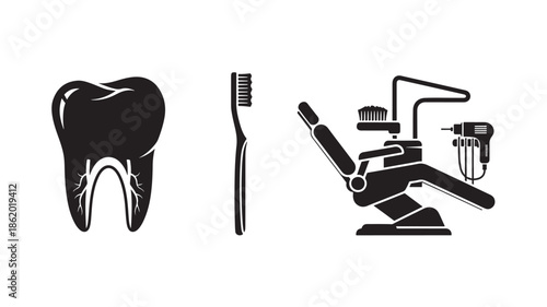 Dental Care Symbols in Simple Flat Design with Black Silhouettes on White Background for Medical Illustration