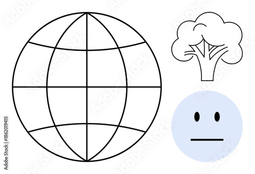 Environmental awareness, global connection, sustainability, emotional expression, ecological symbolism, and minimalism concepts. Globe, tree and face symbols in a clean composition. Environmental