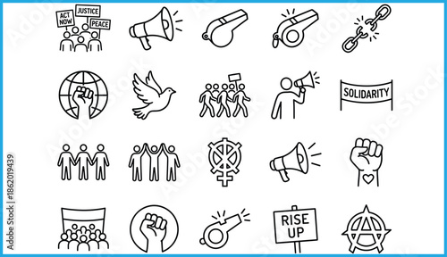 Set of 20 black line icons for activism, protest, and social justice themes, ideal for vector illustration content
