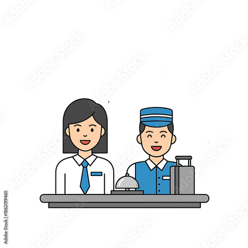 Hotel staff serving food and beverages at a reception counter with a friendly smile