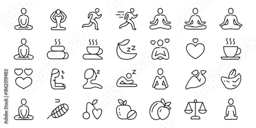 Set of line icons for healthy lifestyle, wellness, and relaxation activities including yoga, sleep, diet