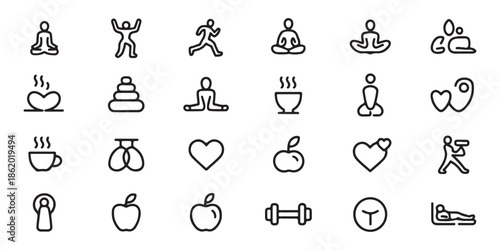 Set of outline icons representing healthy lifestyle fitness wellness yoga meditation and herbal tea elements