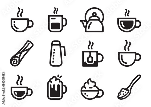 Outline icons for hot beverages like tea and coffee, minimalist design