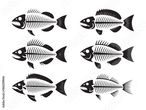 Stylized fish skeletons vector icon set showcasing various bony anatomy designs isolated on clean white background for design assets