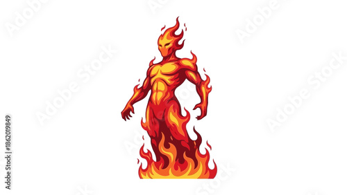 Illustration of a fiery demon figure engulfed in flames.
