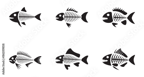 Diverse collection of simplified fish skeleton vector icons set showing varied anatomy and bone structures isolated on neutral white background