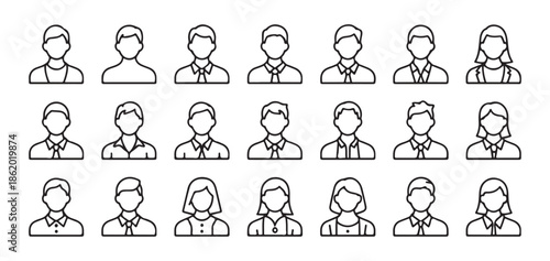 Large collection of line art profile avatar icons for diverse professional roles and corporate staff identification