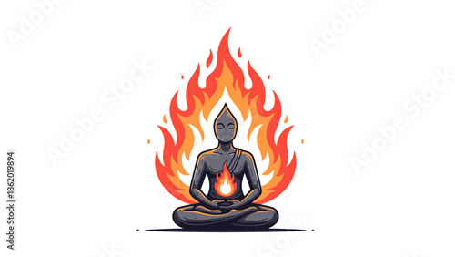 Meditating person surrounded by fiery flames in lotus position.