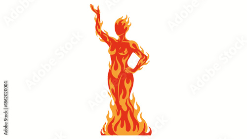 Woman engulfed in flames standing with raised arm.