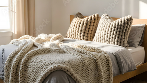 Woman wrapped in wool plaid on sofa holding hot tea. Cozy winter lifestyle and warm light.