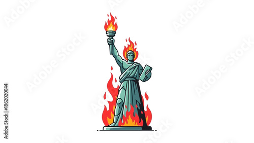 Burning Statue of Liberty illustration with fiery flames.