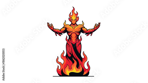 Illustration of a fiery demon figure with flames.