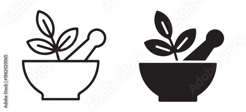 Natural apothecary icons showing mortar pestle and herbs for pharmacy design organic wellness skin care collection