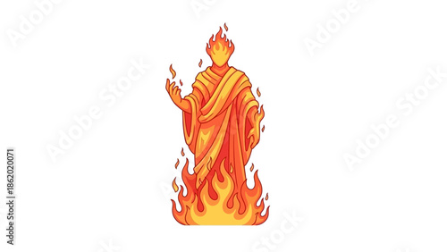 Illustration of a person engulfed in flames with a fiery robe and crown.