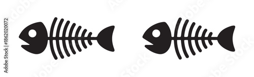 Simple black and white fish skeleton icon set representing aquatic animal remains or food waste