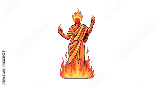 Illustration of a person engulfed in flames with raised arms.