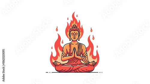 Buddha meditating in a fiery aura with hands together.