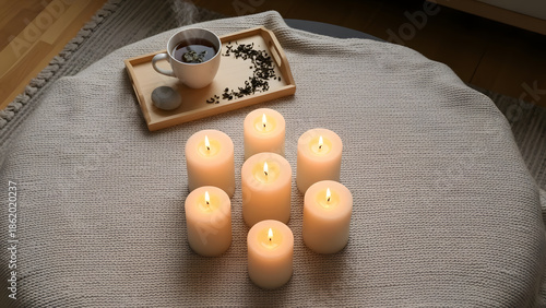 Flat lay meditation still life for mindfulness and wellness lifestyle concepts.