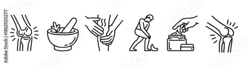 Joint pain relief icons showing anatomy mortar pestle massage application and medical balm for healthcare education