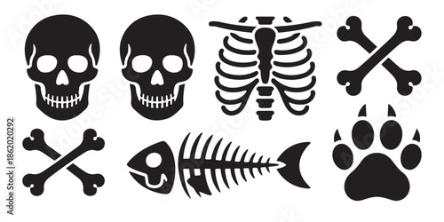 Collection of black skeleton and bone icons including skulls, rib cage, crossed bones, fish bones, and paw print