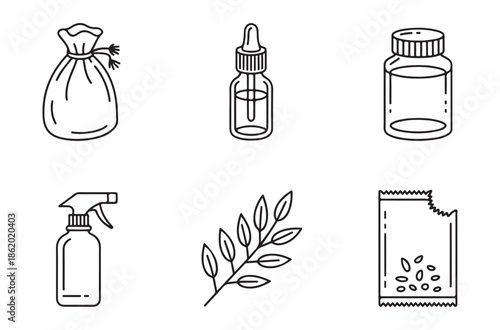 Set of simple line art icons representing herbal remedies including pouch dropper jar spray bottle and packaging