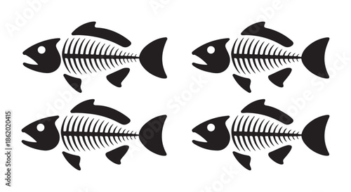 Four black fish bone icons showing different facing directions of skeletal remains in simple graphic style