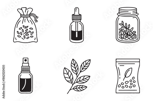 Outline icons for natural products including seed bag dropper jar spray bottle and herbal packaging designs