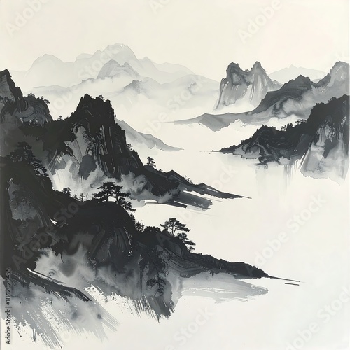 Traditional Chinese Ink Painting Mountain Landscape.