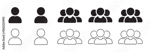 Flat and line style user group icons demonstrating various team sizes for digital interfaces and applications