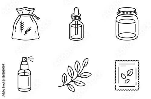 Outline icons representing herbal preparations like seed pouch dropper bottle jar spray bottle and seed packet designs