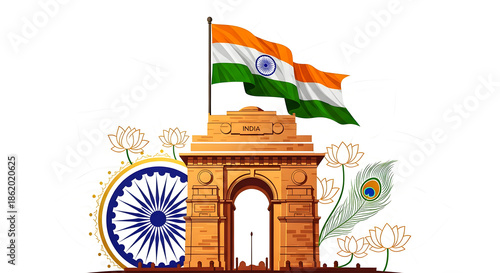 India gate monument with waving national flag and ashoka chakra symbol