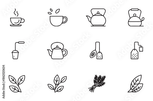 Vector illustration set featuring line icons related to brewing tea including steaming cups teapots and fresh leaves