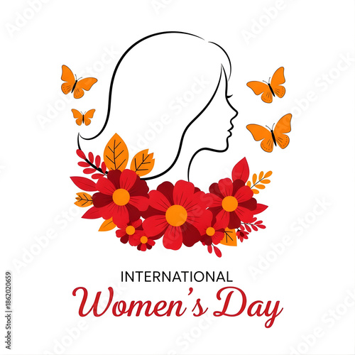 International Womens Day Illustration with Floral Elements and Butterflies on a white Background