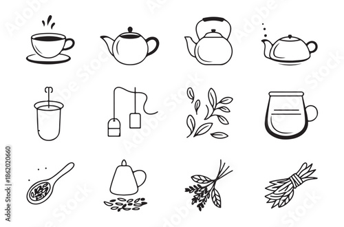 Doodle style line vector icons representing traditional tea ceremony elements including cups teapots and herbal ingredients