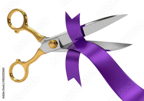 Hyper-realistic 3d rendering of elegant chrome and gold ceremonial scissors precisely severing a thick, reflective amethyst purple ribbon against a stark white background with copy space. Concept of