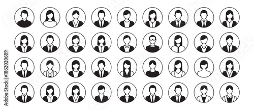 Collection of business person avatar icons in thin line circle frames representing professional office employees