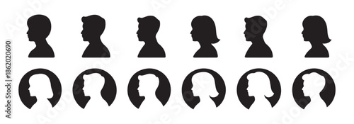 Diverse profile head silhouettes in circle frames showing men and women with different hair styles in black color