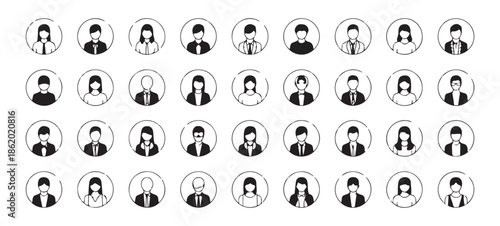 Collection of professional user avatars. diverse business people icons in round frames for web and app design